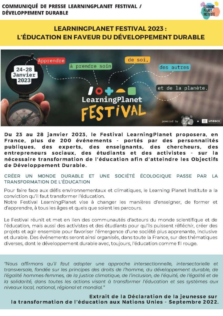 3 CP – FESTIVAL LPI DEVELOPPEMENT DURABLE Page 1 LearningPlanet Festival 2023 : l’éducation en faveur du développement durable
