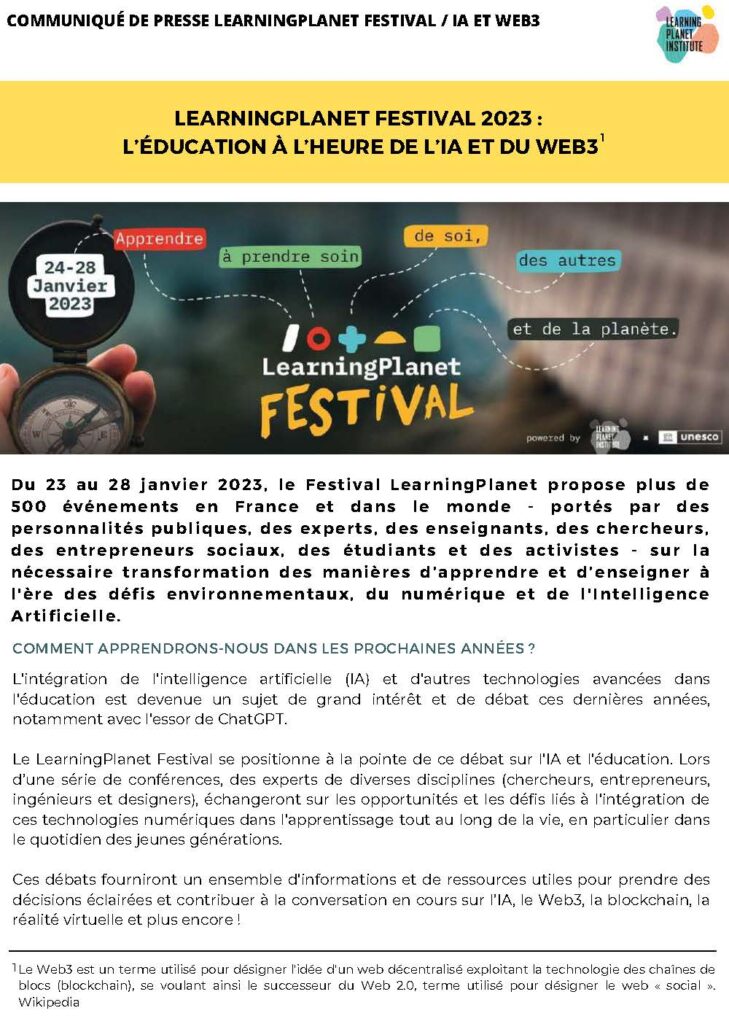 4 CP – FESTIVAL LPI IA Page 1 LearningPlanet Festival 2023 : l’éducation à l’heure de l’IA et du Web3