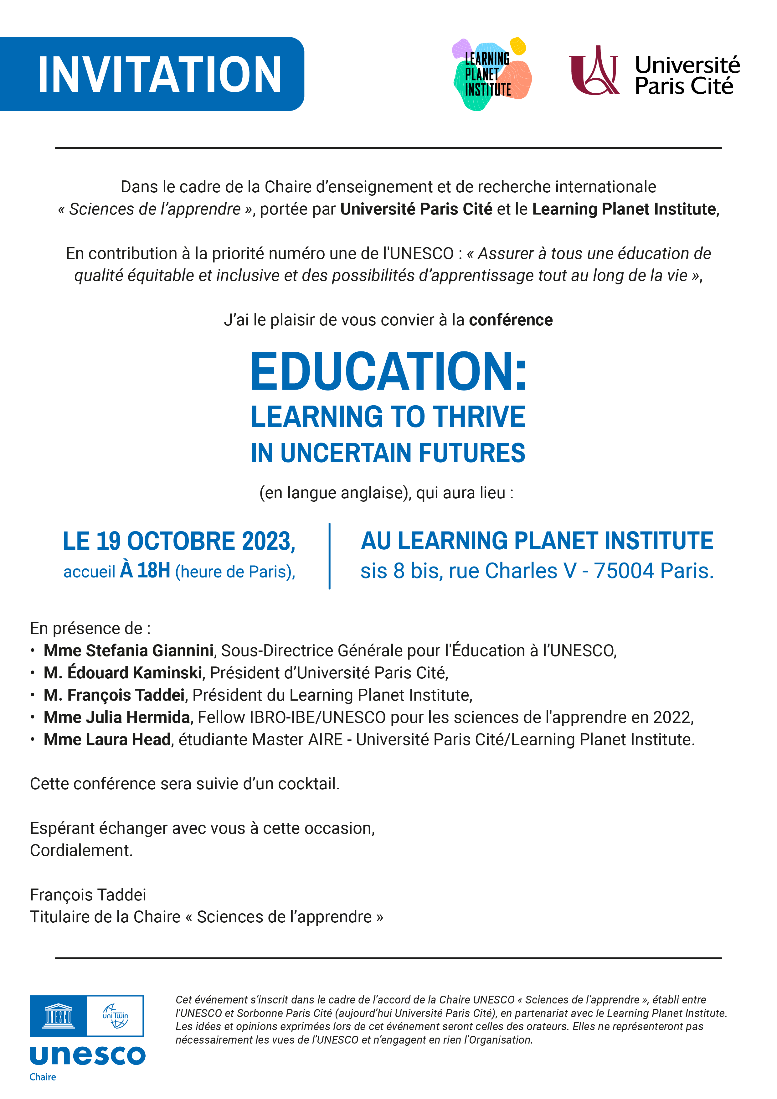 CHAIRE UNESCO conf inaugurale invit emailing Conférence Chaire UNESCO: "Education: Learning to thrive in uncertain futures"