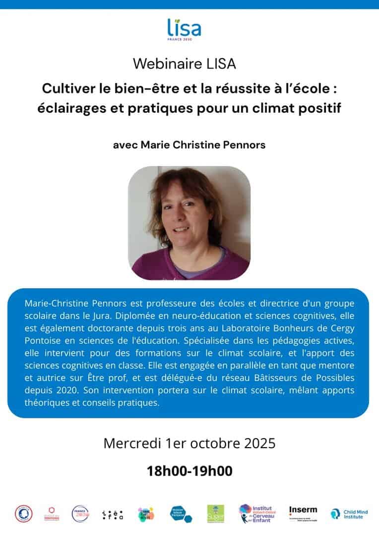 1er octobre (18h-19h) : "Cultiver le bien-être et la réussite à l’école : éclairages et pratiques pour un climat positif"