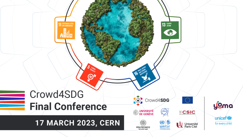 The 3-year project Crowd4SDG culminates in a Final Conference on March 17th, open to the public on registration. The 5 finalist teams will present their citizen science initiatives, developed in the three cycles of the programme, and all addressing the SDG 13, Climate Action.