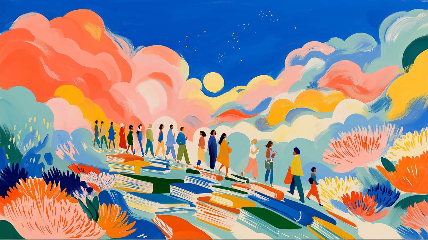 visuel généré à l'IA représentant des personnes marchat au milieu de fleurs et de livres avec un ciel avec des nuages au-dessus desquels perce le soleil - l'image est en couleurs chaudes à dominantes orange et bleu -LearningPlanet Festival - Festival de l'Apprendre 2026